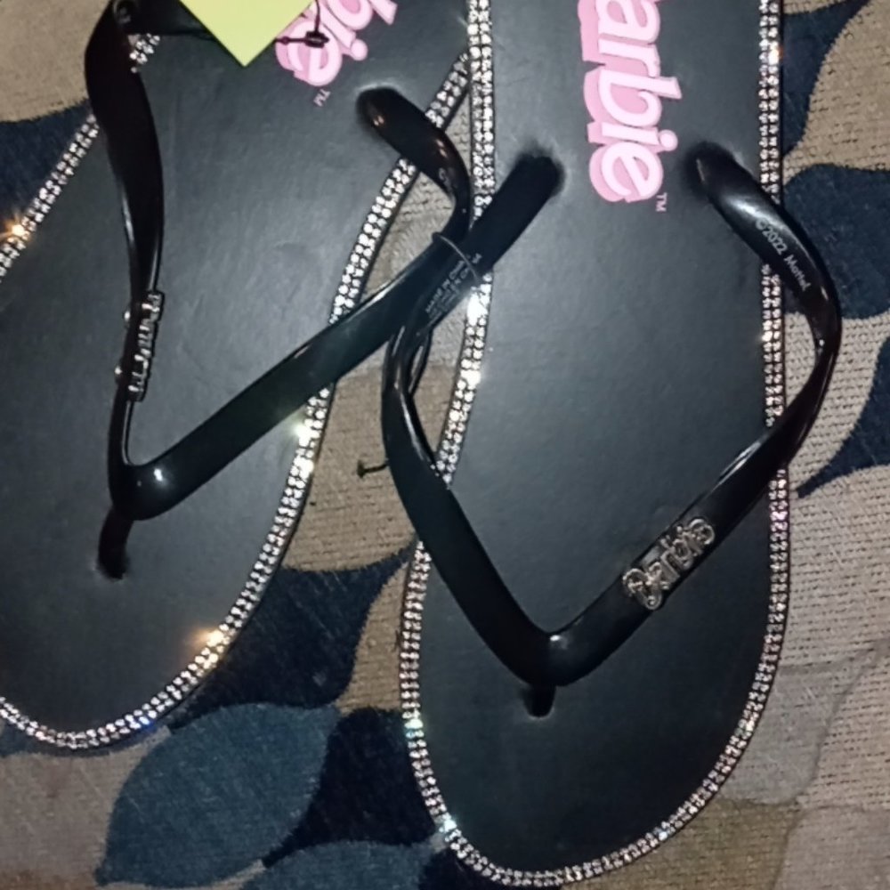 Barbie black with Rhinestones flip flops